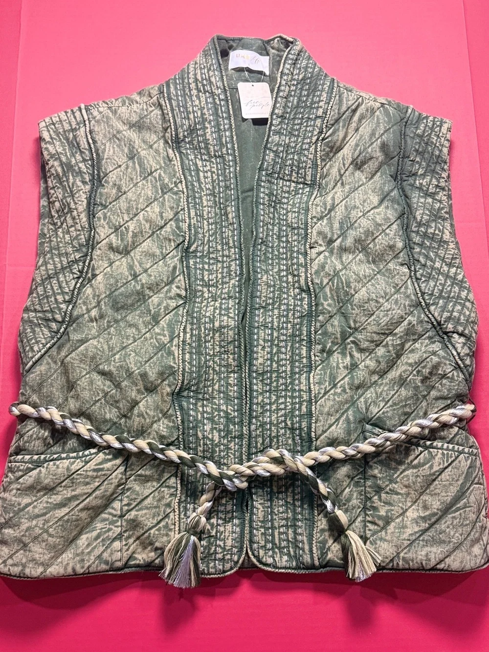 Free People x Llani Rare Quilted Oversized Vest in Olive Green Large NWT